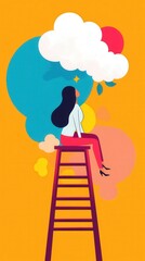 Woman Sitting on Ladder with Colorful Thought Bubbles Above, Symbolizing Creativity and Dreaming in a Vibrant and Cheerful Background