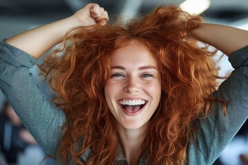 Fototapeta premium A woman with striking red curls joyfully raises her arms in excitement, embodying the spirit of carefree joy and spontaneity in a bright and vibrant social setting.
