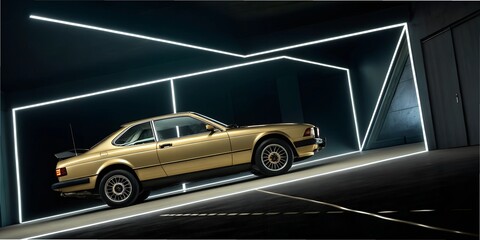 Obraz premium Vintage gold sports car showcased in a modern illuminated display area with geometric designs