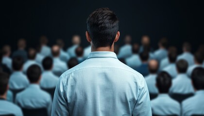 A person stands facing a crowd, emphasizing themes of leadership, influence, and perspective in a dark, focused environment.