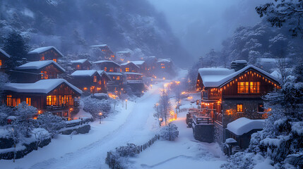 A quaint village with snow-covered homes, icy pathways, and warm lights glowing through frosty windows