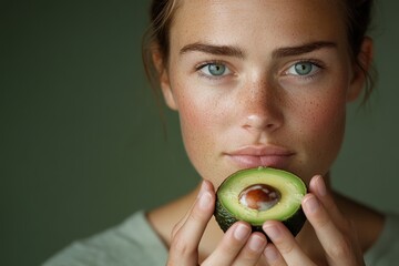 A thoughtful woman holds an avocado close to her face, reflecting on the nutritious attributes of the fruit while embracing her natural beauty.