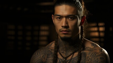 portrait of a muscular handsome man with full body tattoos on dark background