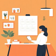 Bright and Cozy Home Office Space with Indoor Plants, Organization Boards, and a Person Working on a Tablet in a Modern Design Setting