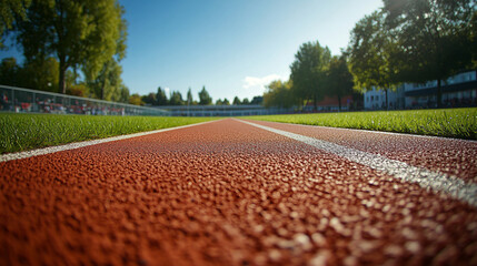 Fototapeta premium View of a running track and field in bright sunlight surrounded by trees and grass