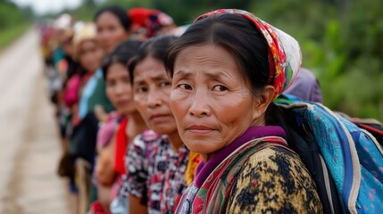A woman with a colorful headscarf looking thoughtful in a line of people on a rural road.