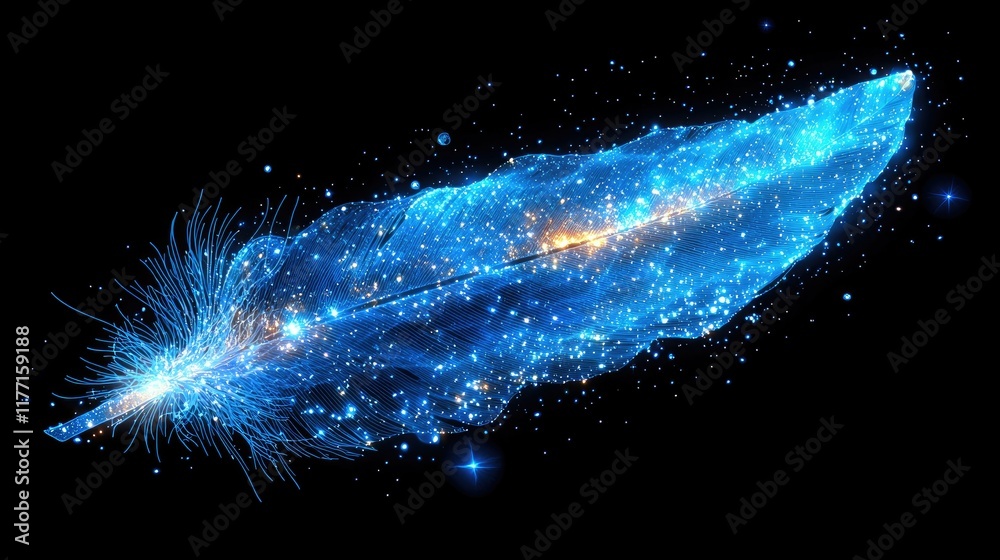 Poster abstract image of bird feather of a starry sky or space, consisting of points, lines, and shapes in 