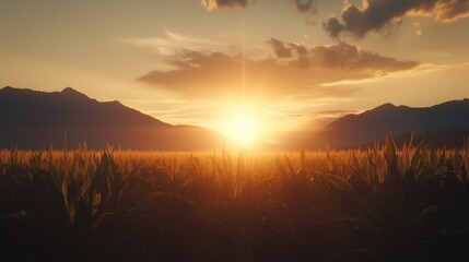 Fototapeta premium Sunset cornfield with mountain view