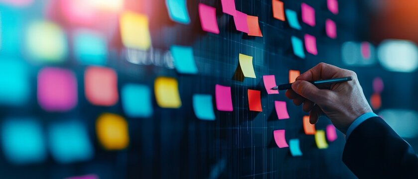 A hand is placing colorful post-it notes on a dark board, symbolizing brainstorming, organization, and creative collaboration.