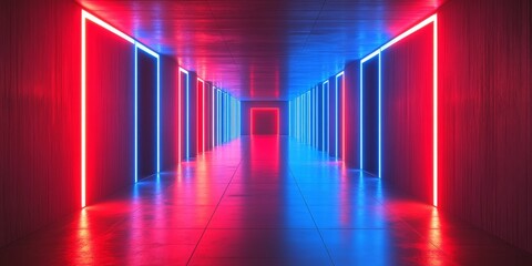 A futuristic hallway illuminated by red and blue neon lights, creating a modern and sci-fi aesthetic environment.