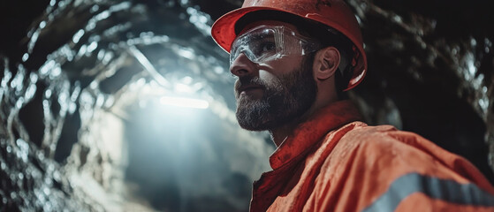 Miner in safety gear exploring underground tunnel with focused expression