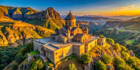 Naklejka premium Aerial Drone View of Arates Monastery, Vayots Dzor, Armenia: Ancient Religious Site in Majestic Mountain Landscape
