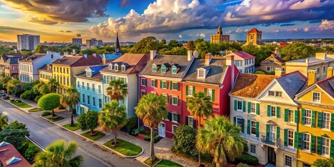 Naklejka premium Aerial Drone View of Colorful Houses, Rainbow Row, Charleston, South Carolina