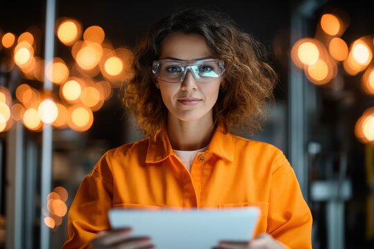 A confident woman in safety gear stands in a modern workspace, analyzing data on a tablet, conveying her role in innovative processes and teamwork in technology.