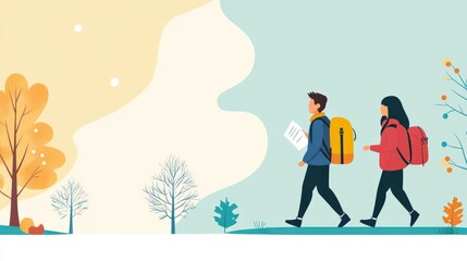 Two Hikers Walking Through a Scenic Nature Landscape, Enjoying the Outdoors with Bright Colors, Trees, and a Clear Sky in a Relaxing Environment