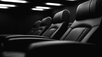 Obraz premium Luxurious black leather cinema seats in dimly lit theatre interior