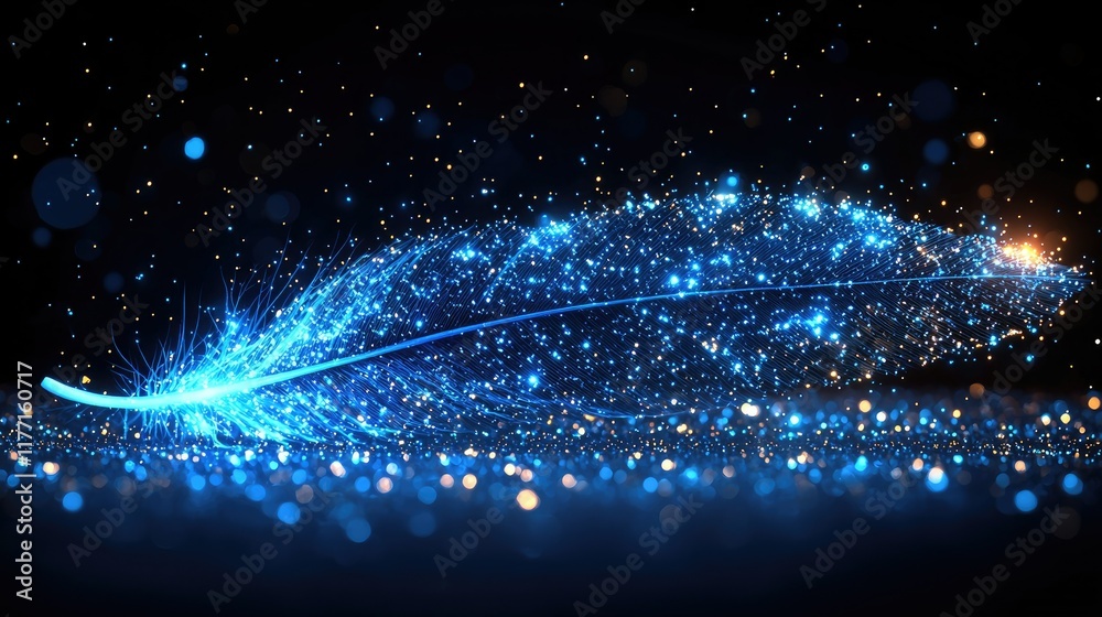 Poster abstract image of bird feather of a starry sky or space, consisting of points, lines, and shapes in 