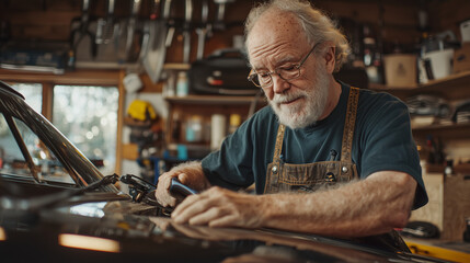 Obraz premium An older, experienced mechanic with grease-stained overalls tunes a classic car converted into an electric vehicle. The garage is filled with retro tools and modern technology, ble