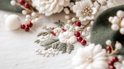 Fototapeta premium Elegant floral embroidery with white flowers and red berries