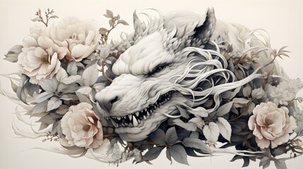 dragon face with flower tattoo design in white background