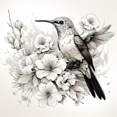 bird and flower tattoo design white background 