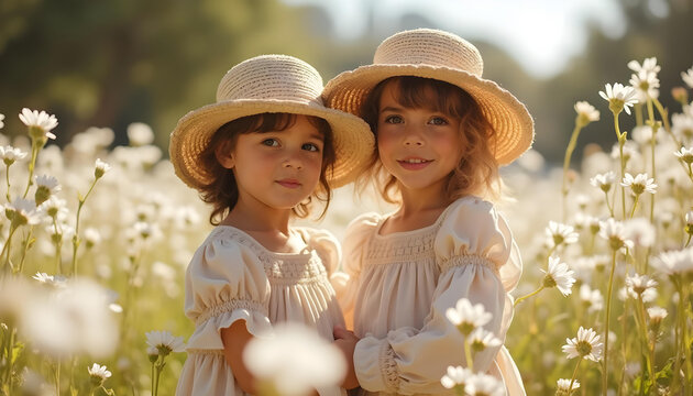 Ni&ntilde;as guapas con vestido de flores y sombrero de paja en un prado lleno de flores blancas. Primavera. D&iacute;a soleado. Escena tierna