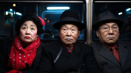 Obraz premium Three mature individuals in formal attire with serious expressions, seated in a subway.