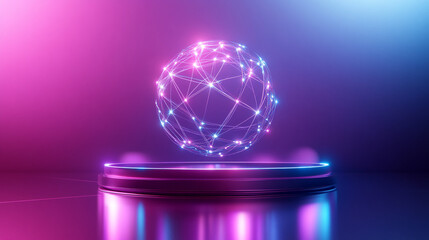 Futuristic glowing wireframe sphere on illuminated podium with vibrant colors