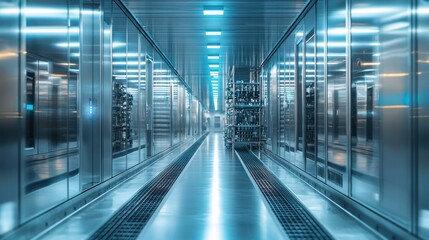 Fototapeta premium Server room corridor with equipment racks, bright lights, and reflective surfaces