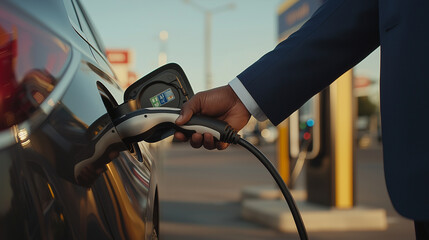 A close-up of a manâs hand in a tailored navy-blue suit, gripping a sleek black charging cable and plugging it into an electric sedan. The blurred background reveals a modern gas s