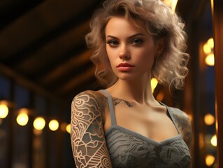 Beautiful tattooed woman on dark background