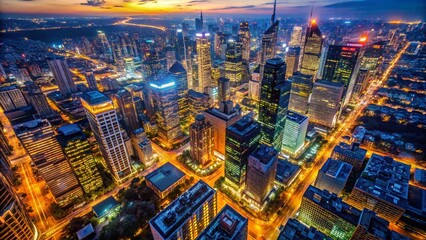 Obraz premium Aerial Night Cityscape: Illuminated Streets and Skyscrapers