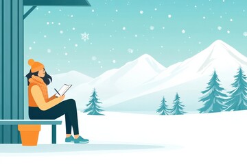 Cozy Winter Scene with Young Woman Writing in Snowy Landscape Surrounded by Mountains, Trees, and Snowflakes for Relaxation and Inspiration
