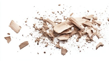 Fototapeta premium Wood pieces and dust, crushed tree bark isolated on white background