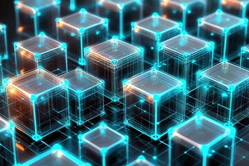Obraz premium Glowing interconnected digital cubes on a dark grid, forming a complex network