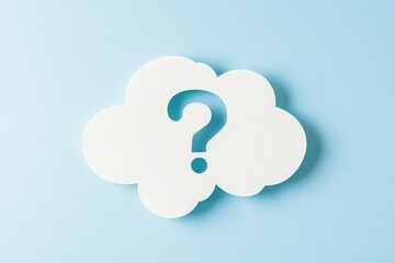 Cloud shape with question mark on blue background creating sense of inquiry and curiosity about ideas and thoughts