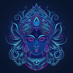 Fototapeta premium Indian Goddess Kali Maa on dark blue background. Goddess Durga Face. Religious festival of Hinduism Kali puja or Shyama Puja. Happy Durga Puja Subh Navratriv