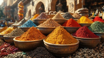 Colorful spice market stall, vibrant powders, exotic setting, ancient architecture, food photography