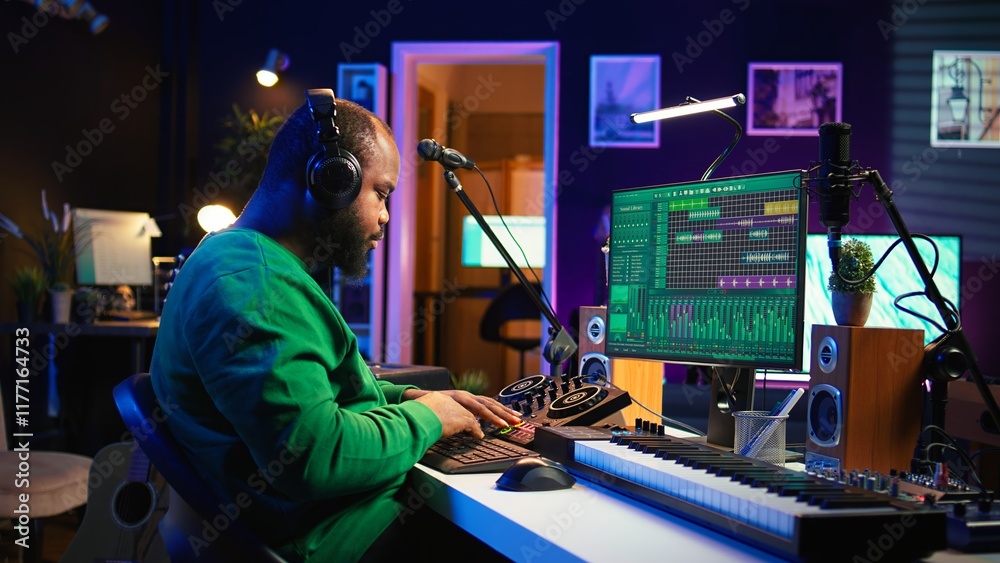 Poster confident music engineer working on mixing console in home studio, producing new sounds for a song a