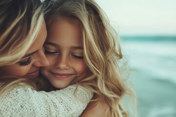 A touching moment between a mother and daughter at the beach, capturing their bond and pure joy as they embrace each other by the calming waves of the ocean.