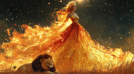 A regal woman with a crown of golden lion mane stands tall under a blazing sun