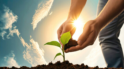 Fototapeta premium A man hand planting a small green plant in rich soil, care for the environment, with warm sunshine. Concept of environmental conservation and global warming reduction