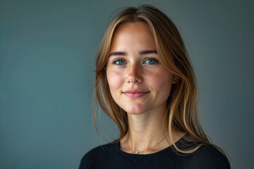 Fototapeta premium A woman with long blonde hair and blue eyes smiles at the camera