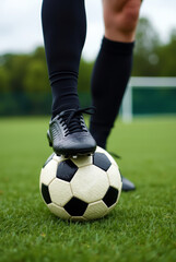 Fototapeta premium Soccer player foot on ball during gameplay on green field