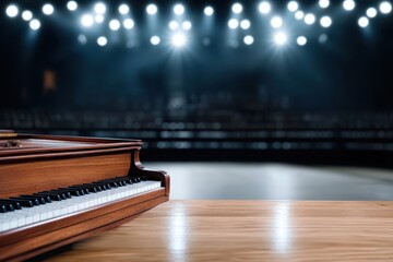 An elegant grand piano sits poised on a dimly-lit stage with bright lights illuminating its polished surface, reflecting an atmosphere of anticipation and creativity.
