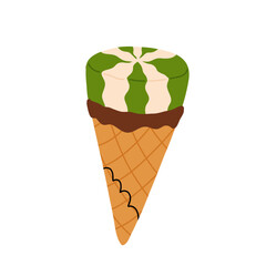 vector illustration of matcha ice cream. Set of ice cream on stick and waffle cone. Taiyaki with matcha flavored ice cream and strawberry. For menu design, food blogs, prints and postcards.