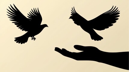 Obraz premium Silhouette of Hands Releasing a Dove into the Sky at Sunset for Symbolizing Freedom and New Beginnings
