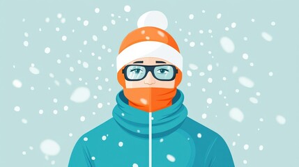 Naklejka premium Winter Scene Featuring a Young Person Wearing a Blue Jacket, Orange Hat, and Glasses, Surrounded by Snowflakes in a Cool Color Palette for Seasonal Imagery and Themes