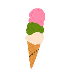 vector illustration of matcha ice cream. Set of ice cream on stick and waffle cone. Taiyaki with matcha flavored ice cream and strawberry. For menu design, food blogs, prints and postcards.