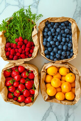 A bunch of fresh fruits and vegetables in paper bags on a marble surface